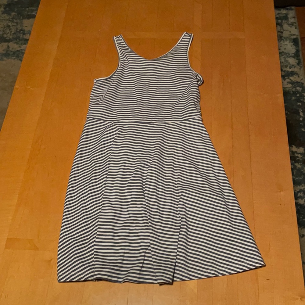 White and navy blue striped dress